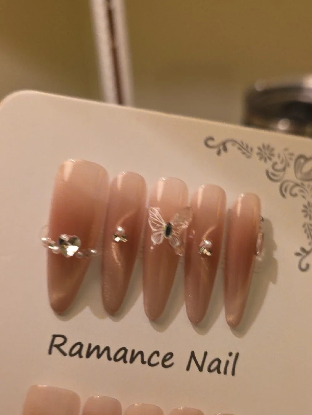 Women's Nude Pink Press-On Nail Set with Butterfly Accent Size Large